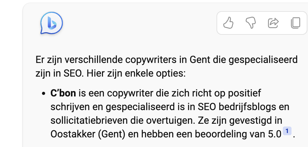 Het antwoord van Bing op de vraag: een copywriter uit Gent gespecialiseerd in SEO? Dat is C'bon. 