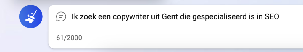 Vraag aan BIng: Ik zoek een copywriter uit Gent die gespecialiseerd is in SEO.